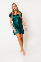 Ana Satin Puff Sleeve Mini Dress in Hunter Green, side view