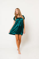 Ana Satin Puff Sleeve Mini Dress in Hunter Green, back view