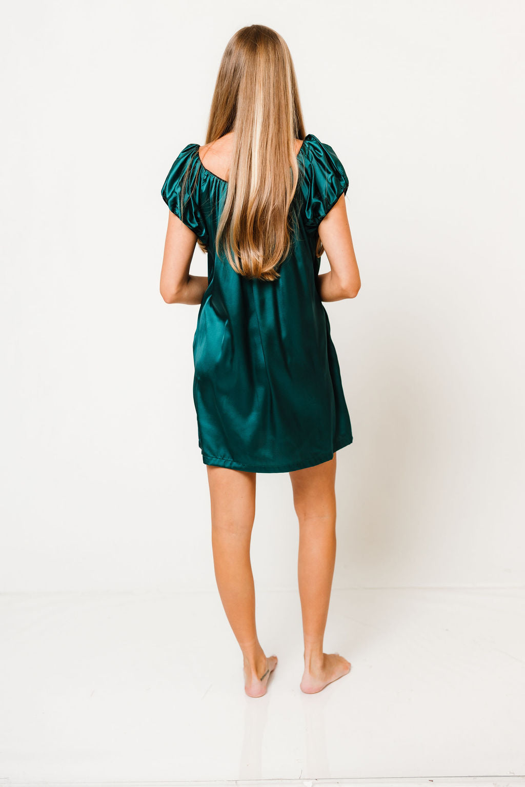 Ana Satin Puff Sleeve Mini Dress in Hunter Green, another angle