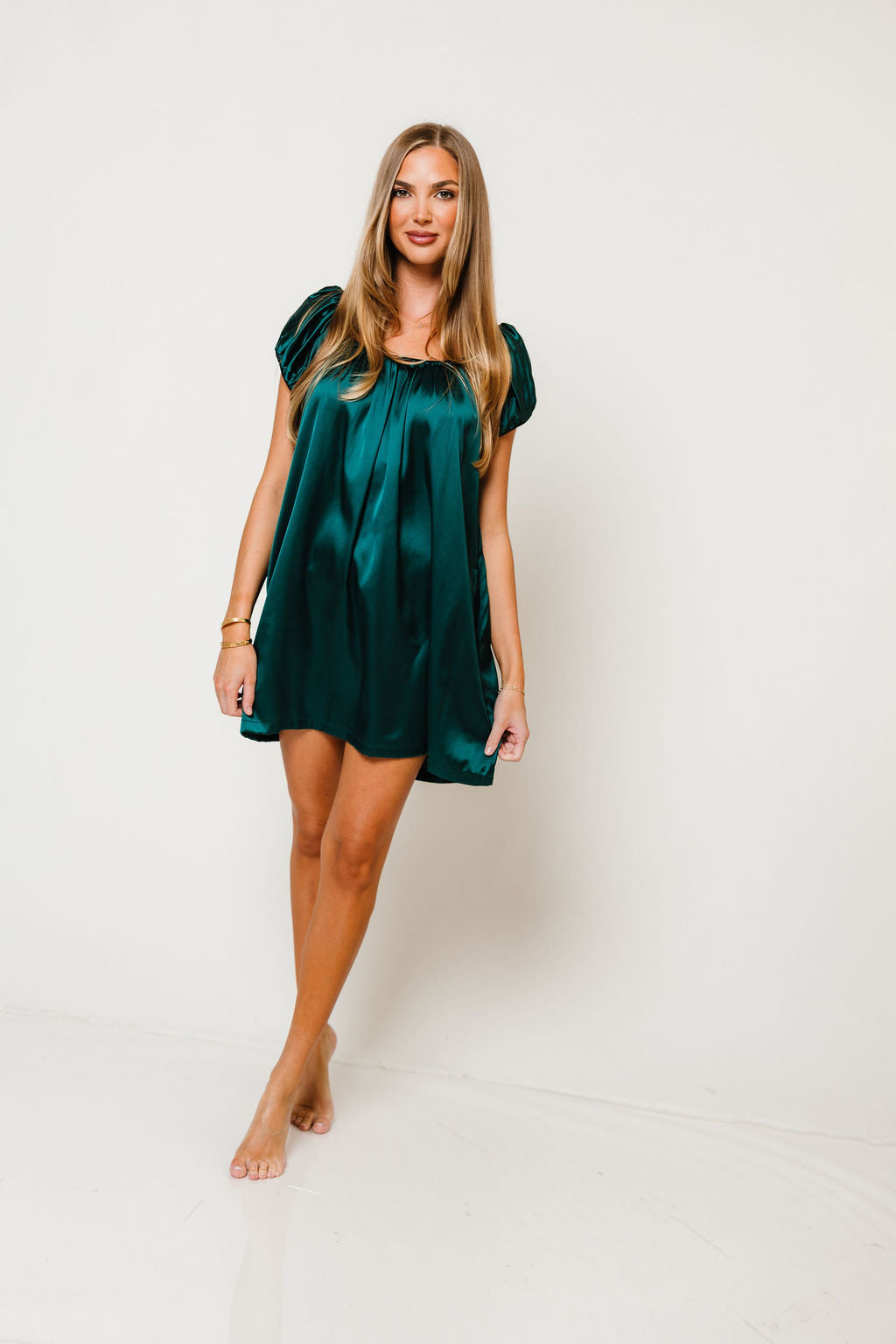 Ana Satin Puff Sleeve Mini Dress in Hunter Green, studio view