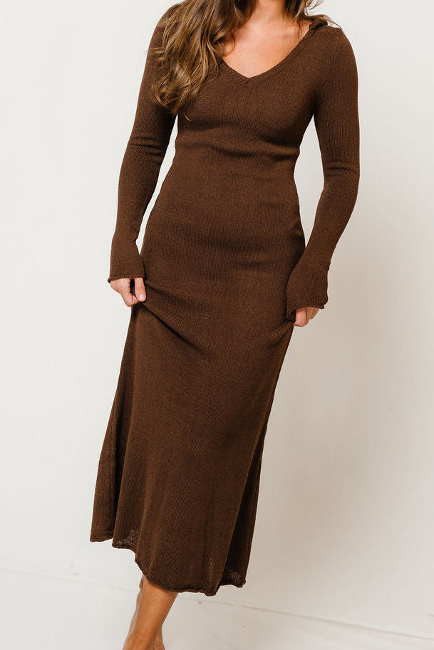 Amari Hooded Knit Maxi Dress in Brown, side view