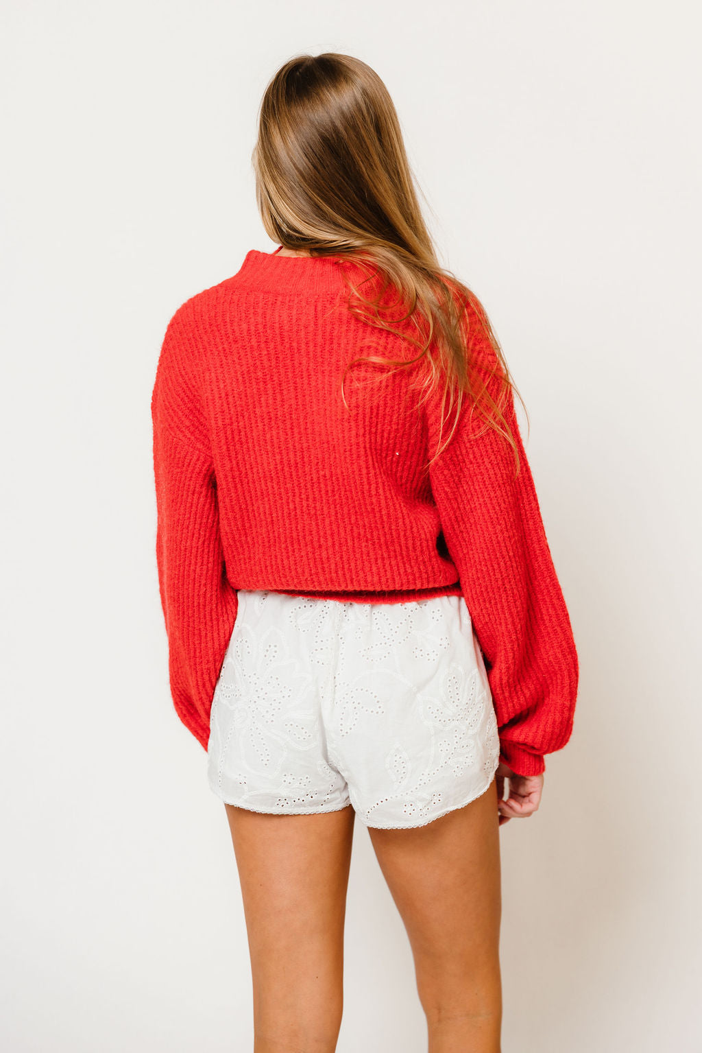 Mila Balloon Sleeve Cardigan in Red, full length