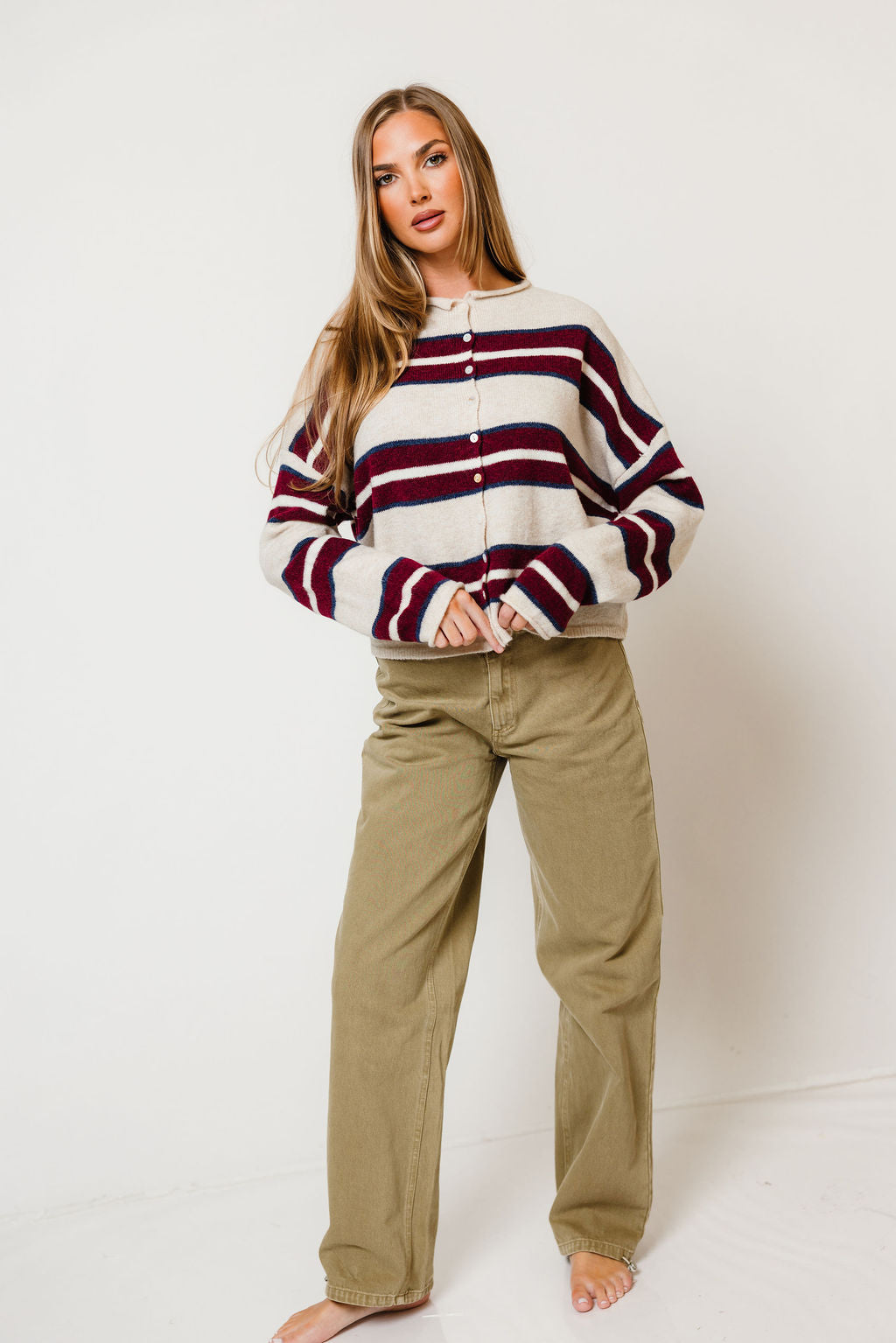 Piper Varsity Striped Cardigan in Beige, another angle