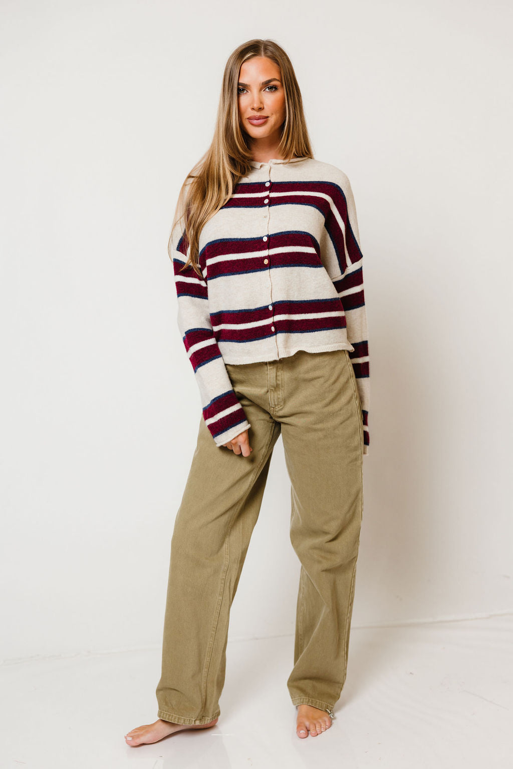 Piper Varsity Striped Cardigan in Beige, side view