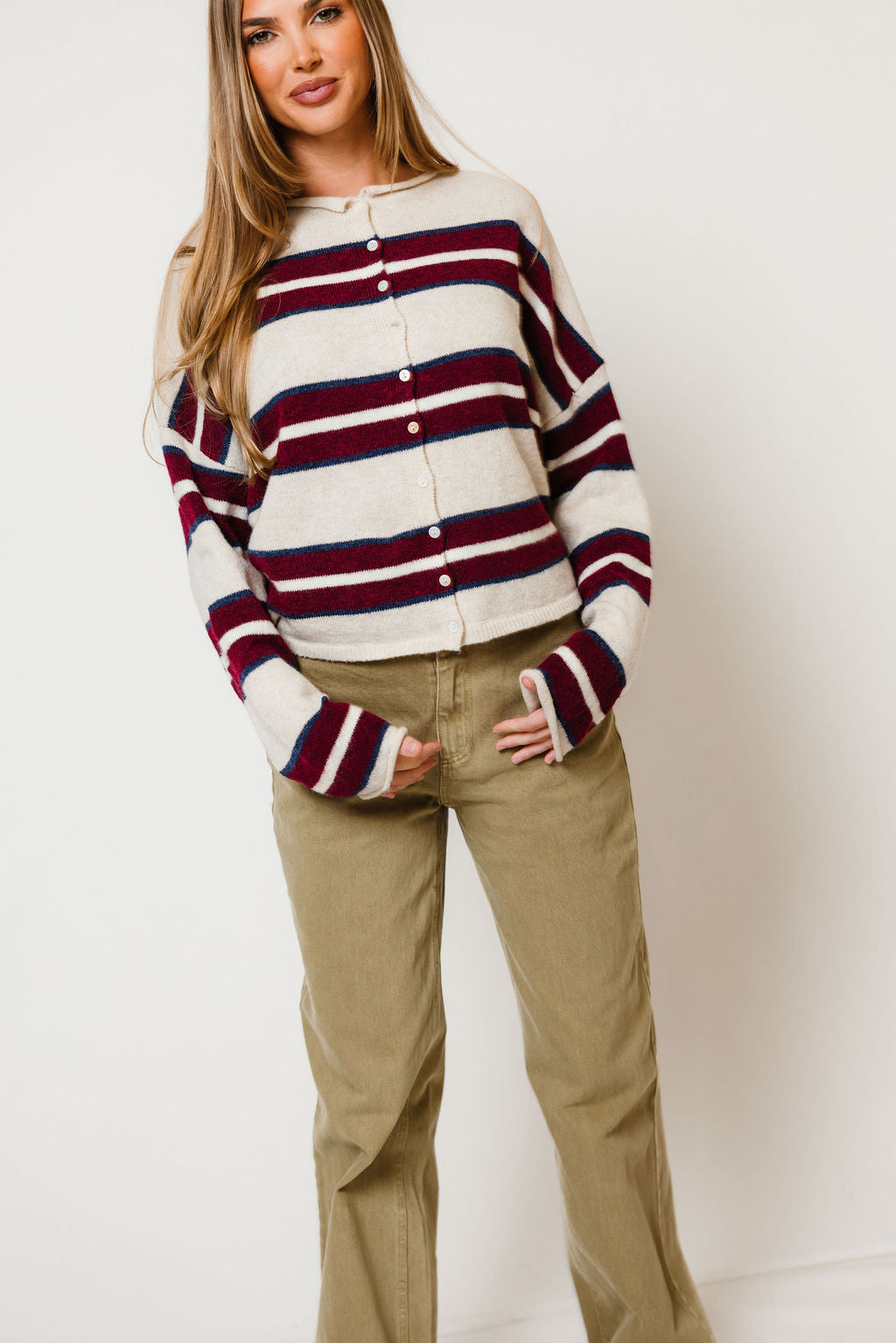 Piper Varsity Striped Cardigan in Beige, full length