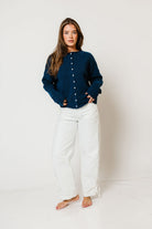 Piper Cardigan in Deep Sea Blue, another angle