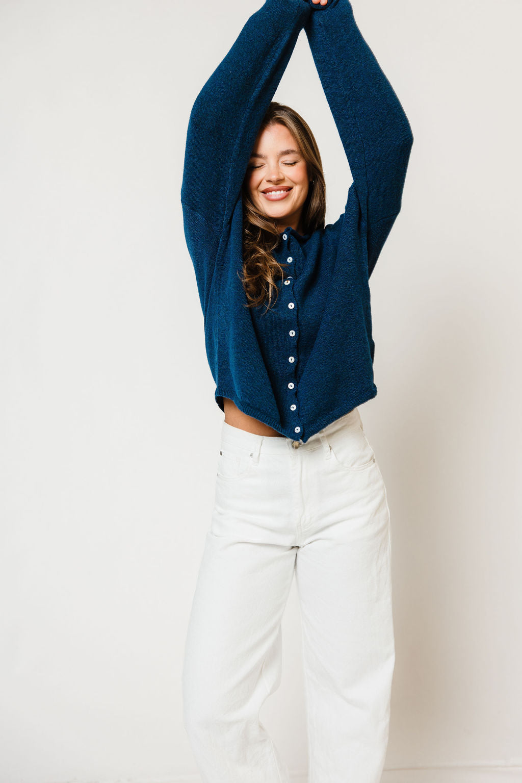 Piper Cardigan in Deep Sea Blue, close view