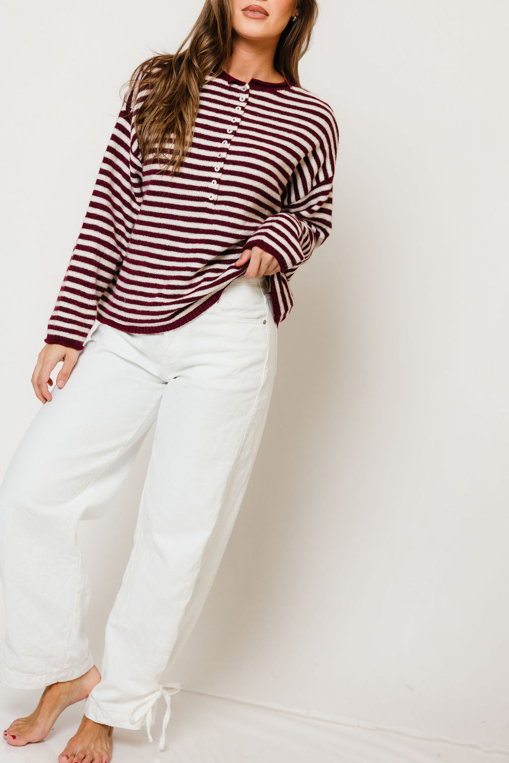Ever Oversized Striped Henley Sweater in Wine/Cream, side view