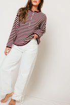 Ever Oversized Striped Henley Sweater in Wine/Cream, side view