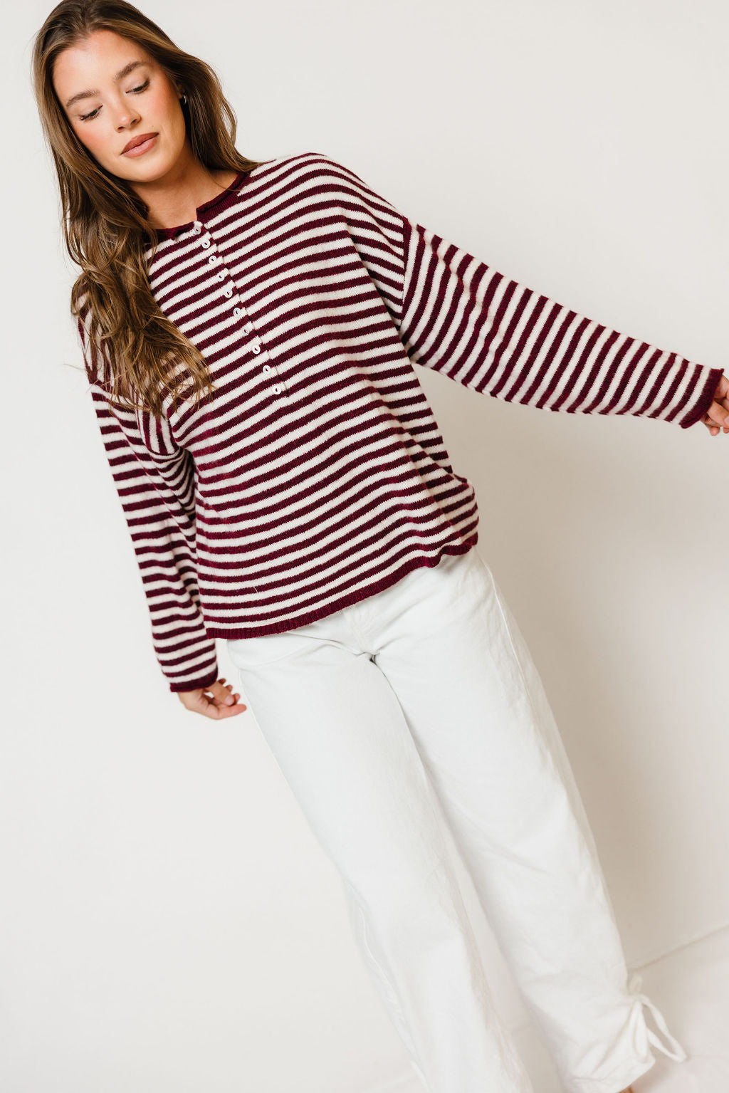 Ever Oversized Striped Henley Sweater in Wine/Cream, back view