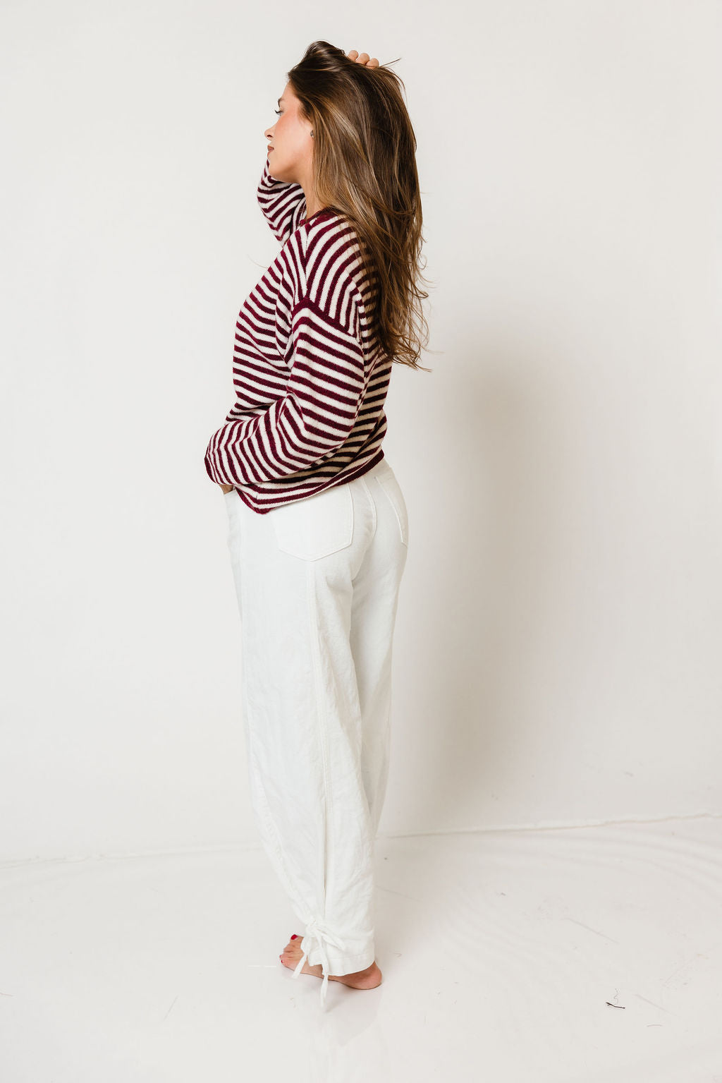 Ever Oversized Striped Henley Sweater in Wine/Cream, full length