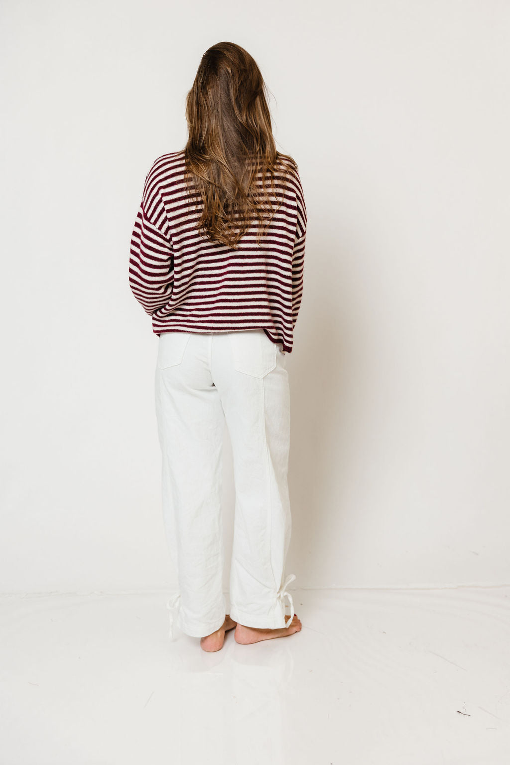 Ever Oversized Striped Henley Sweater in Wine/Cream, studio view