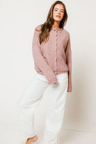 Piper Cardigan in Dusty Mauve, another angle