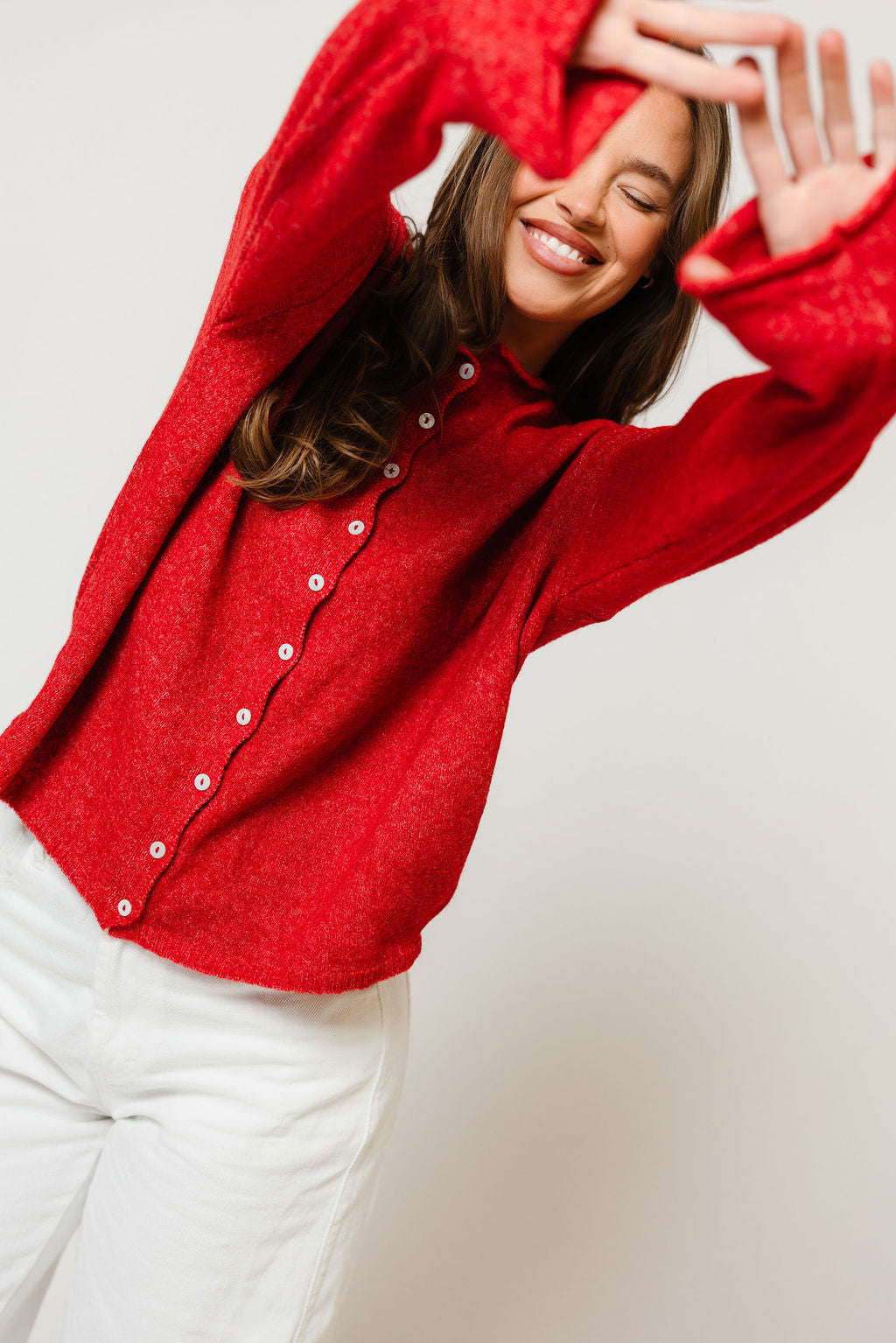 Piper Cardigan in Scarlet, full length
