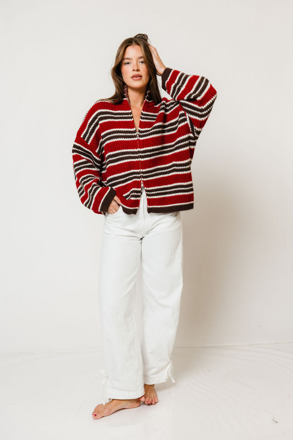 Kanna Striped Mock Neck Zip-Up Jacket in Maroon/Brown, another angle