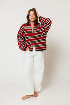 Kanna Striped Mock Neck Zip-Up Jacket in Maroon/Brown, another angle