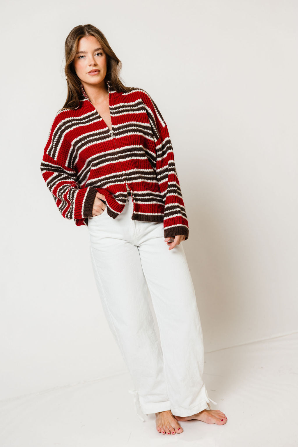 Kanna Striped Mock Neck Zip-Up Jacket in Maroon/Brown, side view