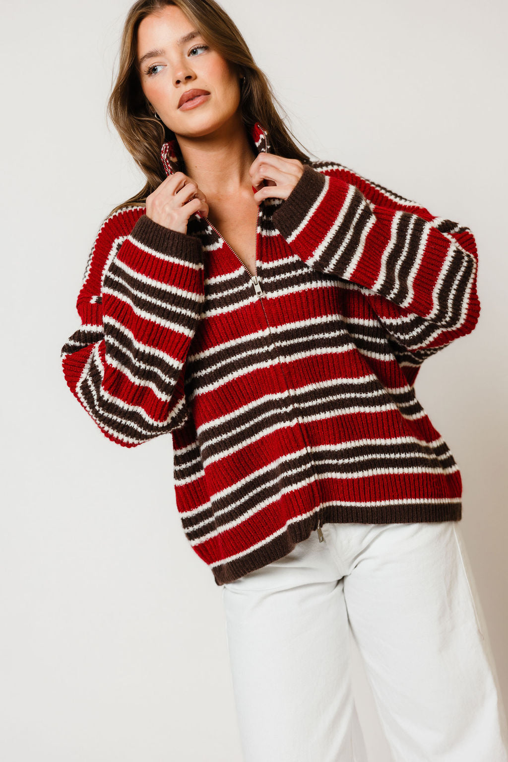 Kanna Striped Mock Neck Zip-Up Jacket in Maroon/Brown, back view