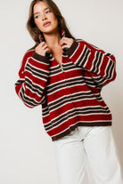 Kanna Striped Mock Neck Zip-Up Jacket in Maroon/Brown, back view