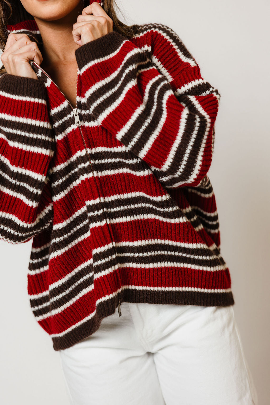 Kanna Striped Mock Neck Zip-Up Jacket in Maroon/Brown, close view