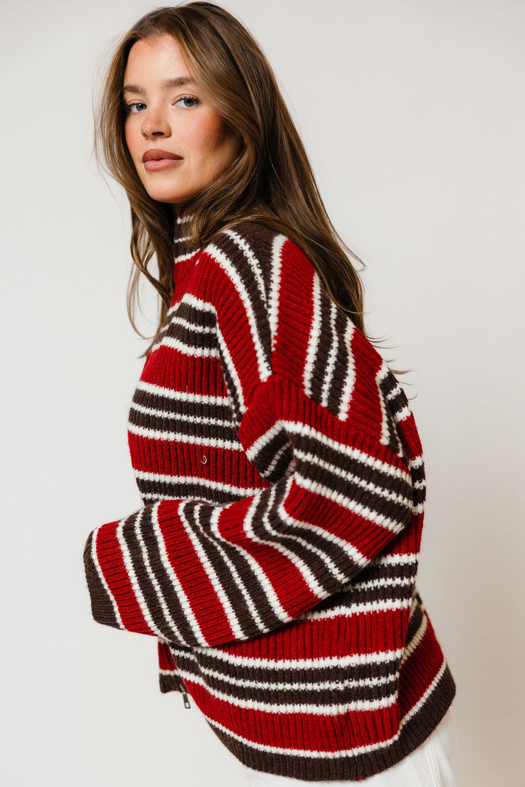 Kanna Striped Mock Neck Zip-Up Jacket in Maroon/Brown, full length