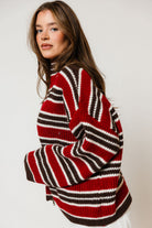 Kanna Striped Mock Neck Zip-Up Jacket in Maroon/Brown, full length