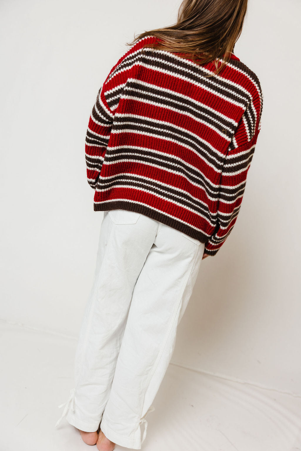 Kanna Striped Mock Neck Zip-Up Jacket in Maroon/Brown, studio view