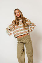 Rosemary Striped Funnel Neck Cardigan in Tan Multi, side view