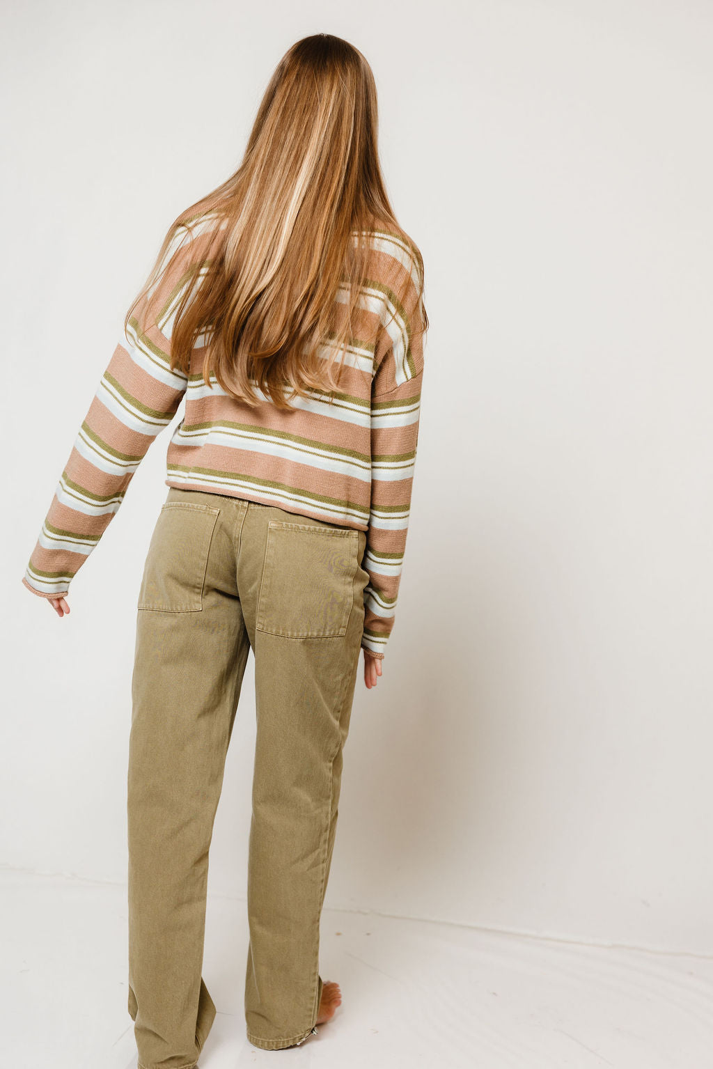 Rosemary Striped Funnel Neck Cardigan in Tan Multi, back view