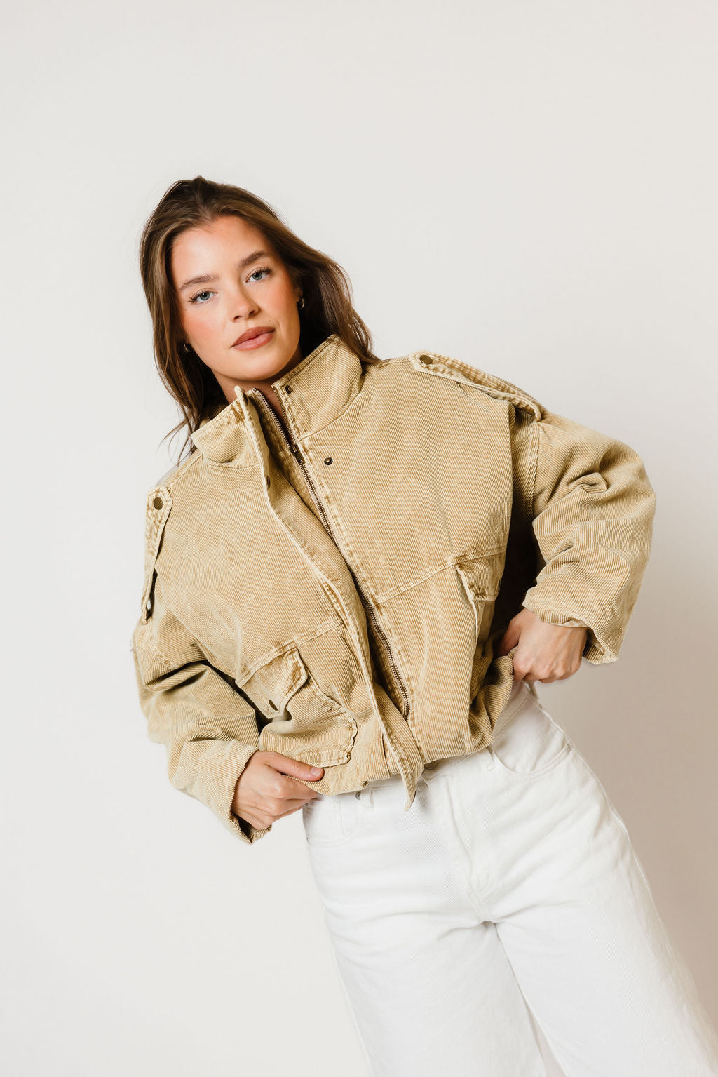 Saint Washed Boyfriend Fit Corduroy Jacket in Beige, another angle