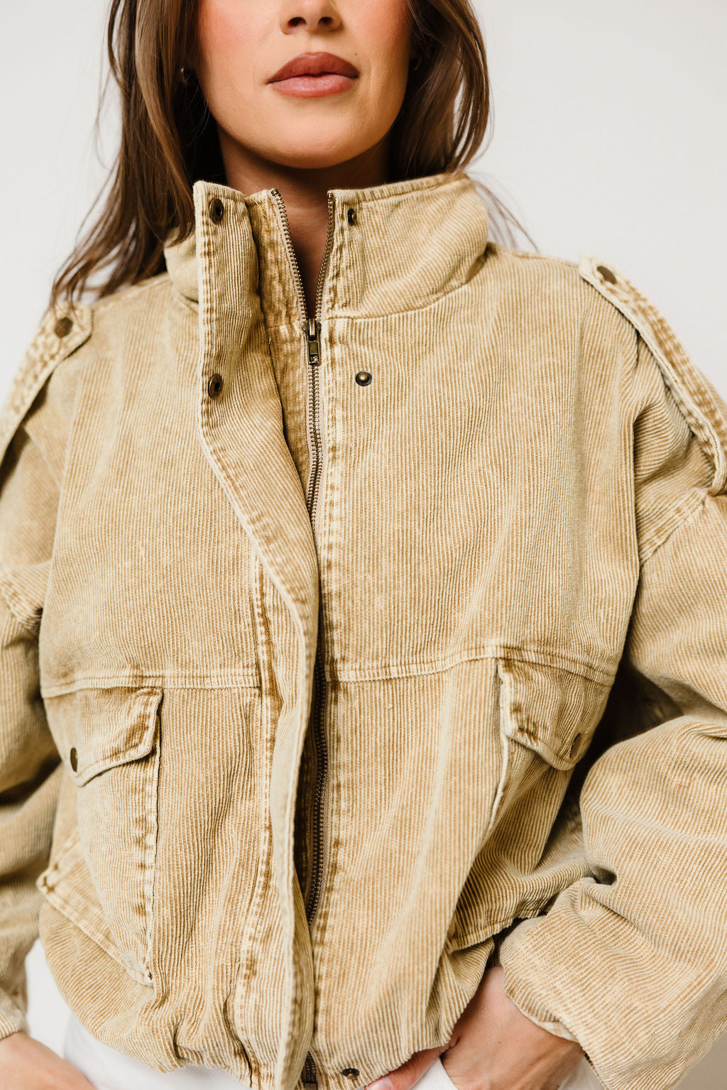 Saint Washed Boyfriend Fit Corduroy Jacket in Beige, back view