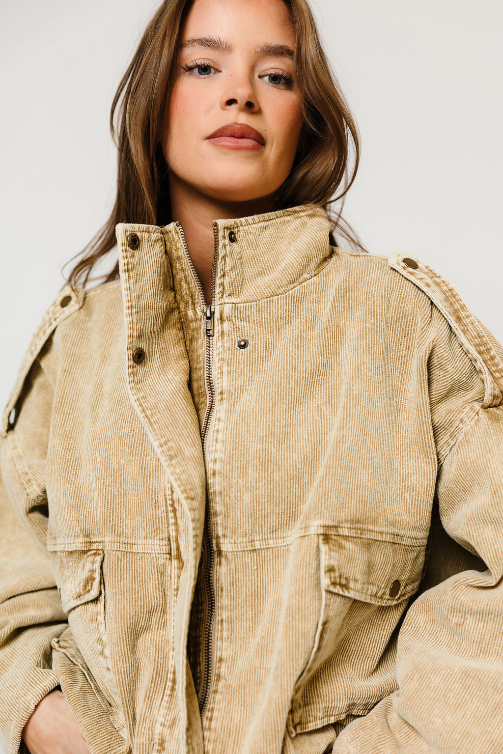 Saint Washed Boyfriend Fit Corduroy Jacket in Beige, close view