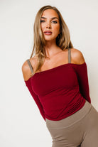 Cassia Soft Knit Off-Shoulder Top in Dark Cherry, back view