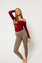 Cassia Soft Knit Off-Shoulder Top in Dark Cherry, close view