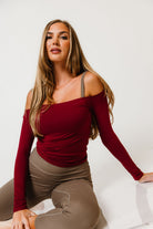 Cassia Soft Knit Off-Shoulder Top in Dark Cherry, studio view