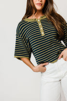 Jagger Striped Short Sleeve Sweater in Navy/Matcha, back view