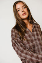 Cathy Oversized Plaid Shirt in Brown, studio view