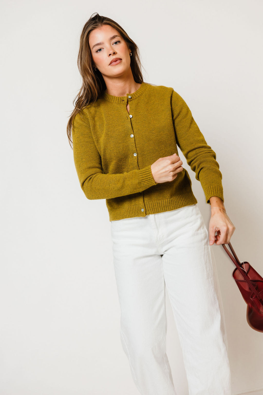 Elara Cardigan in Moss, another angle
