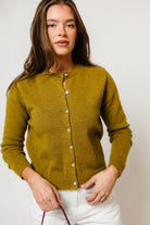 Elara Cardigan in Moss, close view
