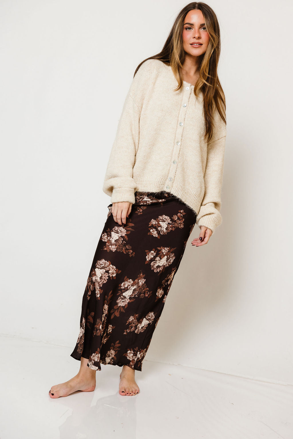 Kirana Satin Floral Maxi Skirt in Brown, another angle