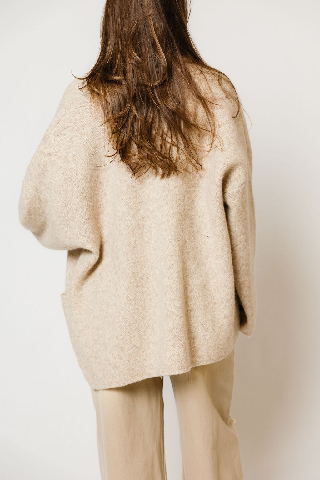 Annabelle Relaxed Shawl Collar Open Front Cardigan in Oatmeal, side view