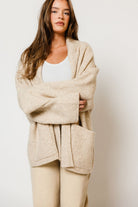 Annabelle Relaxed Shawl Collar Open Front Cardigan in Oatmeal, back view
