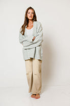 Annabelle Relaxed Shawl Collar Open Front Cardigan in Birch, styled view