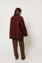 Montana Barn Coat in Maroon, styled view