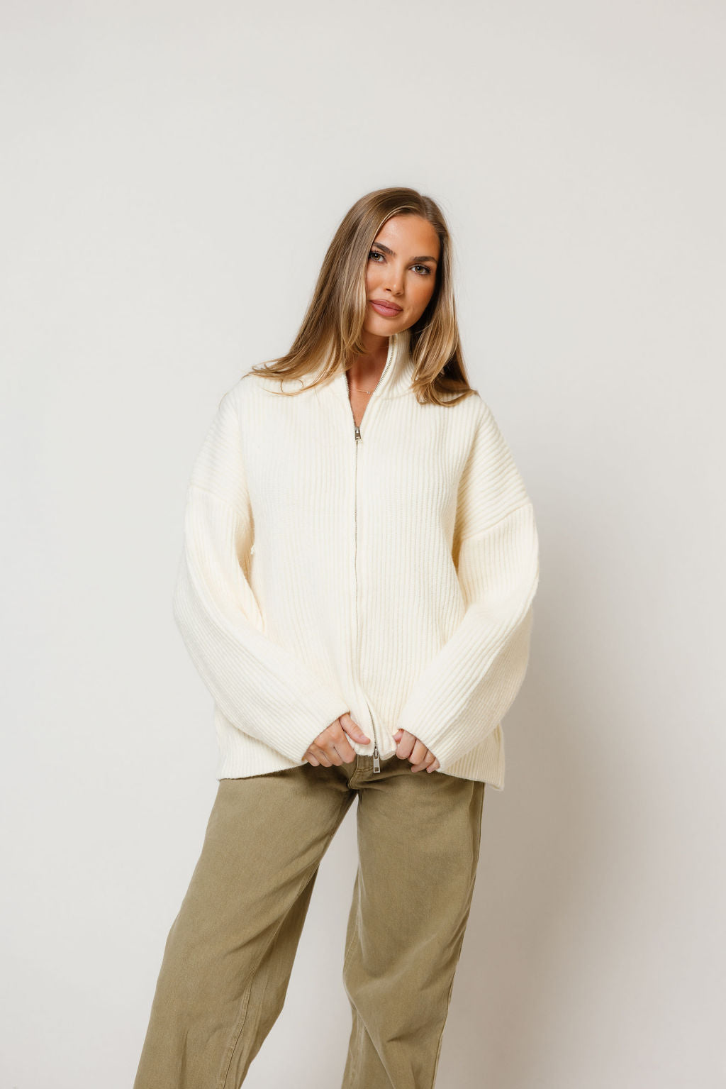 Kanna Mock Neck Zip-Up Jacket in Cream, side view