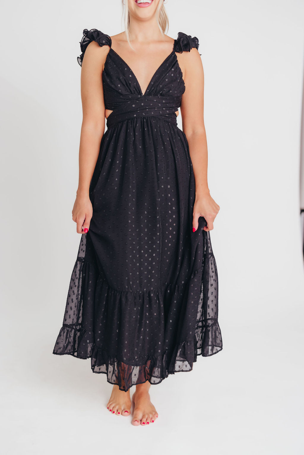 Ingrid Embroidered Maxi Dress in Black Dots