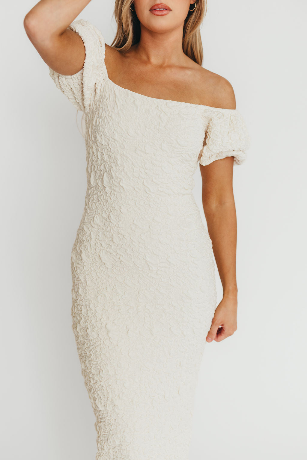 Blakeley Textured Midi Dress in Ivory- Bump Friendly & Inclusive Sizing (S-3XL)