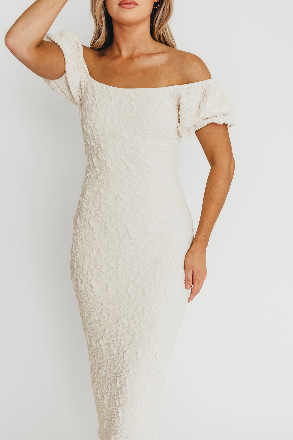 Blakeley Textured Midi Dress in Ivory- Bump Friendly & Inclusive Sizing (S-3XL)