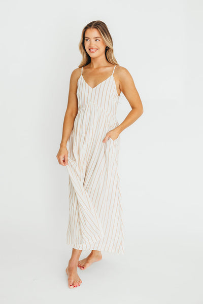 herlipto striped midi dress drown Mサイズ Taupe Striped Sleeveless Tiered Linen Midi Dress– PinkBlush