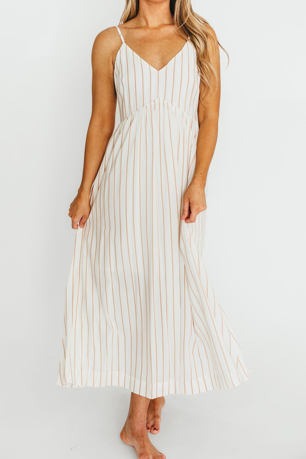 Genesis Stripe Midi Dress in White/Taupe – Worth Collective